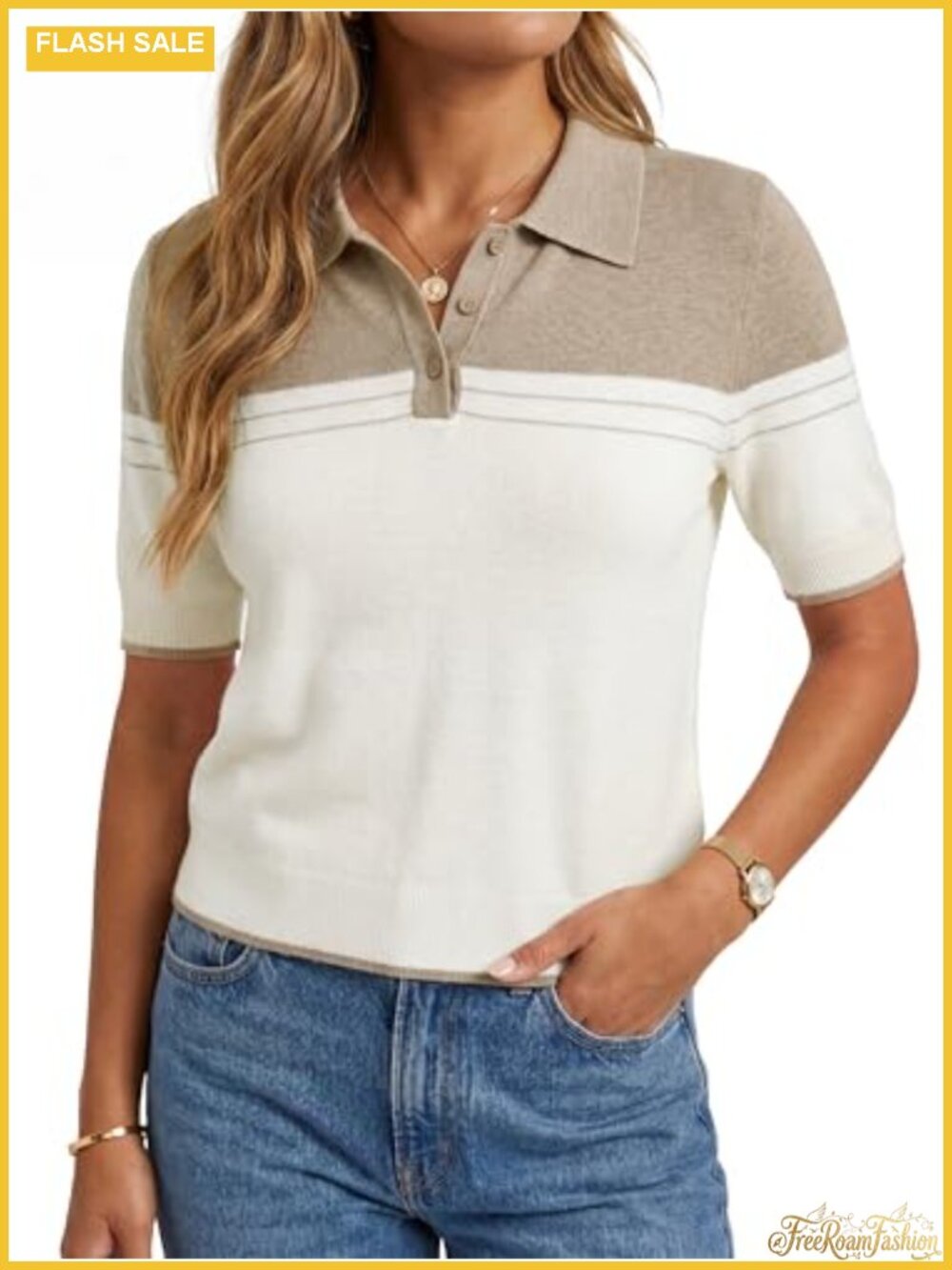 Wool Blend Short Sleeve Cropped Polo Collar Sweater Pullover Business Casual